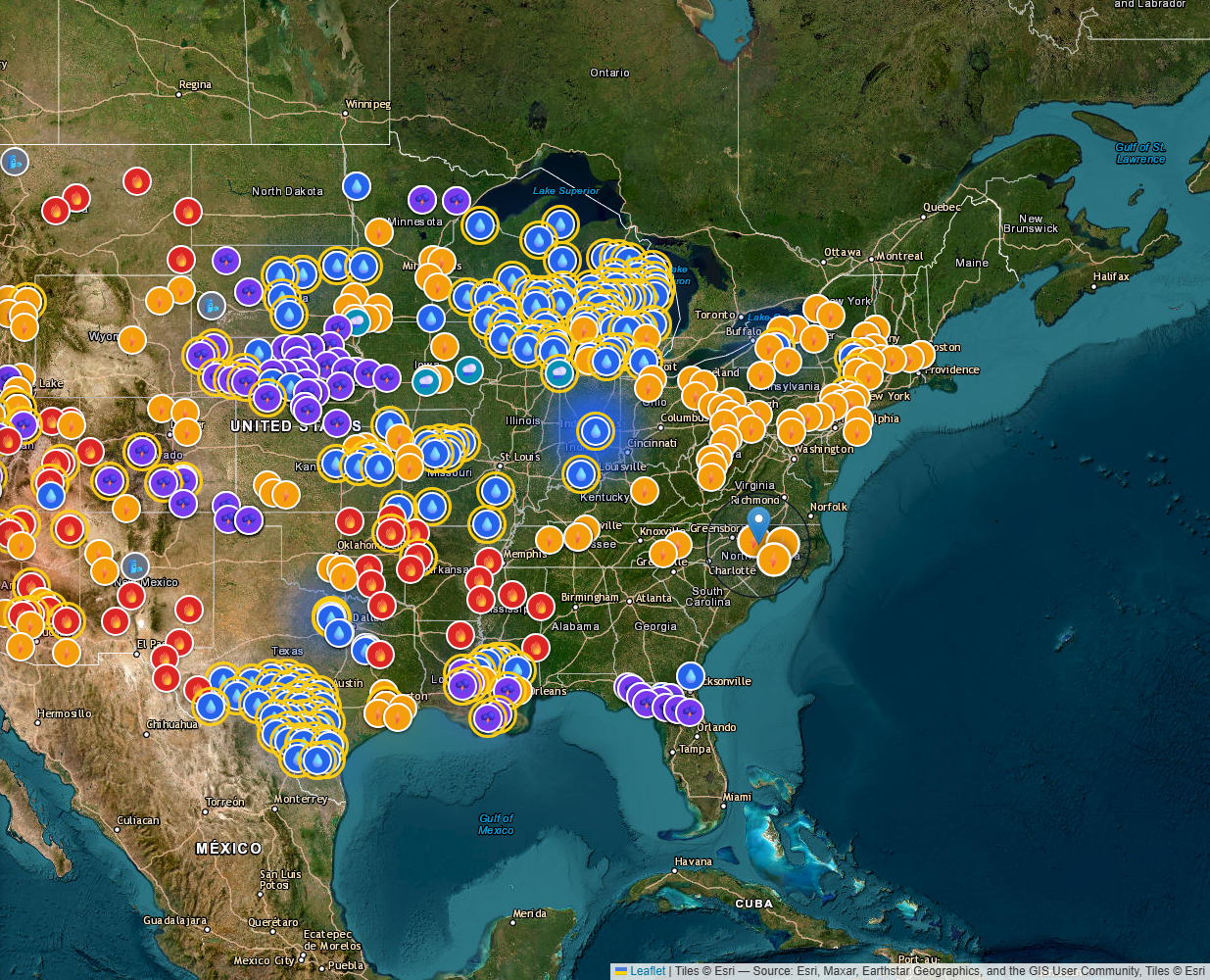Live Trigger dashboard showing real weather, power outage, and flood events plotted on a nationwide map, ranked by conversion likelihood