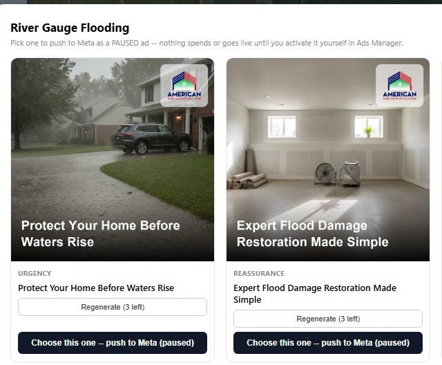 A real concept-review popup: real AI-generated ad concepts for an actual flood event, ready to push to Meta as a paused ad with one click