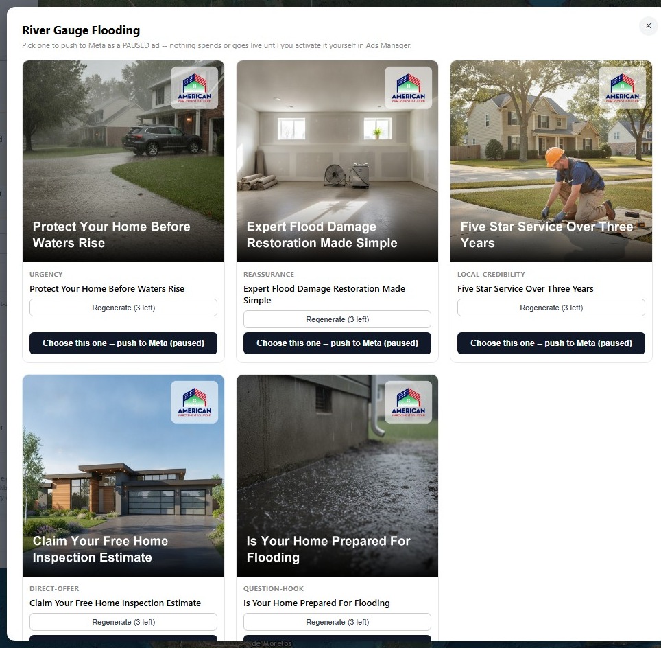 A real concept-review popup: five AI-generated ad concepts for an actual flood event, each ready to push to Meta as a paused ad with one click